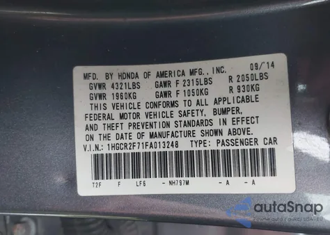 2015 Honda Accord Ex from USA, damaged, VIN 1HGCR2F71FA013248
